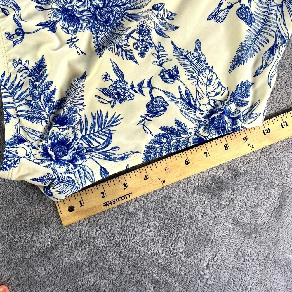 One Piece Swimsuit M Blue Cream Toile Floral Tie Strap Coastal Botanical Toile